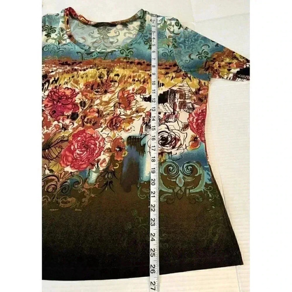 Investments Top Blouse SZ XL Multicolored Print Stretch 3/4 Sleeves - Picture 6 of 12